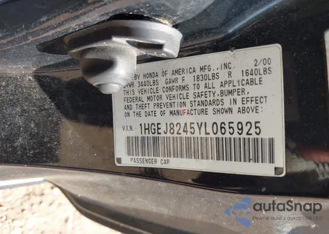 2000 Honda Civic Ex z USA, uszkodzony, nr VIN 1HGEJ8245YL065925